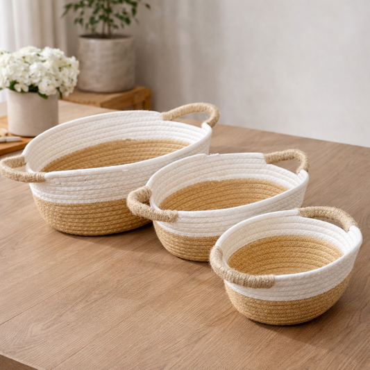 Set 3 Canastos Cuerda Tejida oval por mayor - Bazar Mayorista