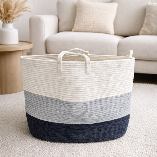 Canasto de guardado tricolor con manija 64x42 cm por mayor - Bazar Mayorista