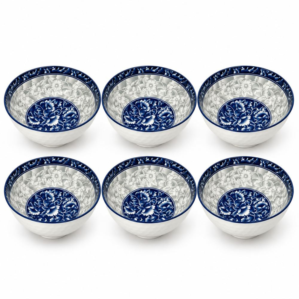 Set x6 cuencos de porcelana Flores Azules, fotografía de estudio con fondo blanco, RM48-21